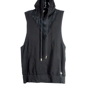 REBEL ATHLETIC Black Knit/Mesh SLEEVELESS HOODIE TOP Sheer Back Cheer AS ADULT S